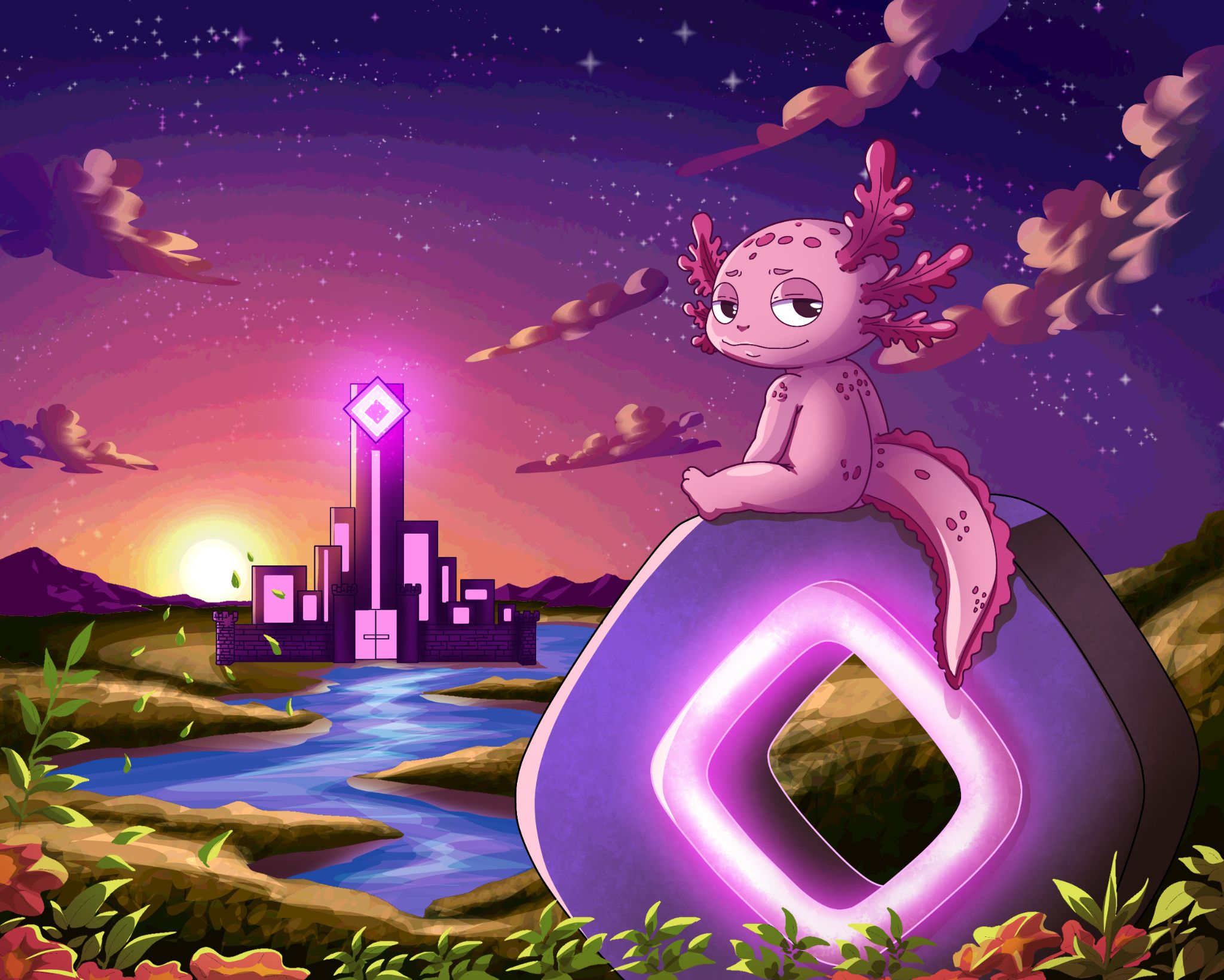 Gochi lounging on a glowing portal rock at dusk
