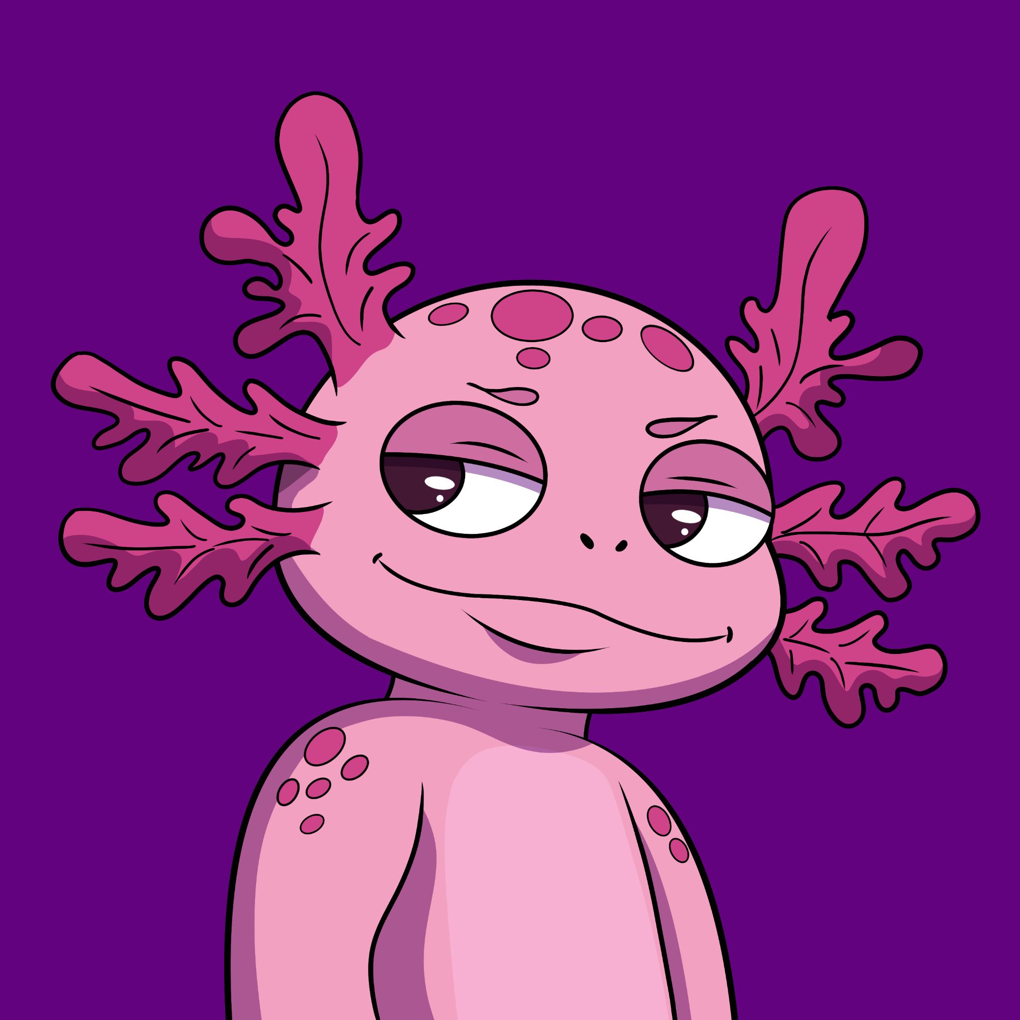 Portrait of Gochi the pink axolotl with a calm, knowing smile