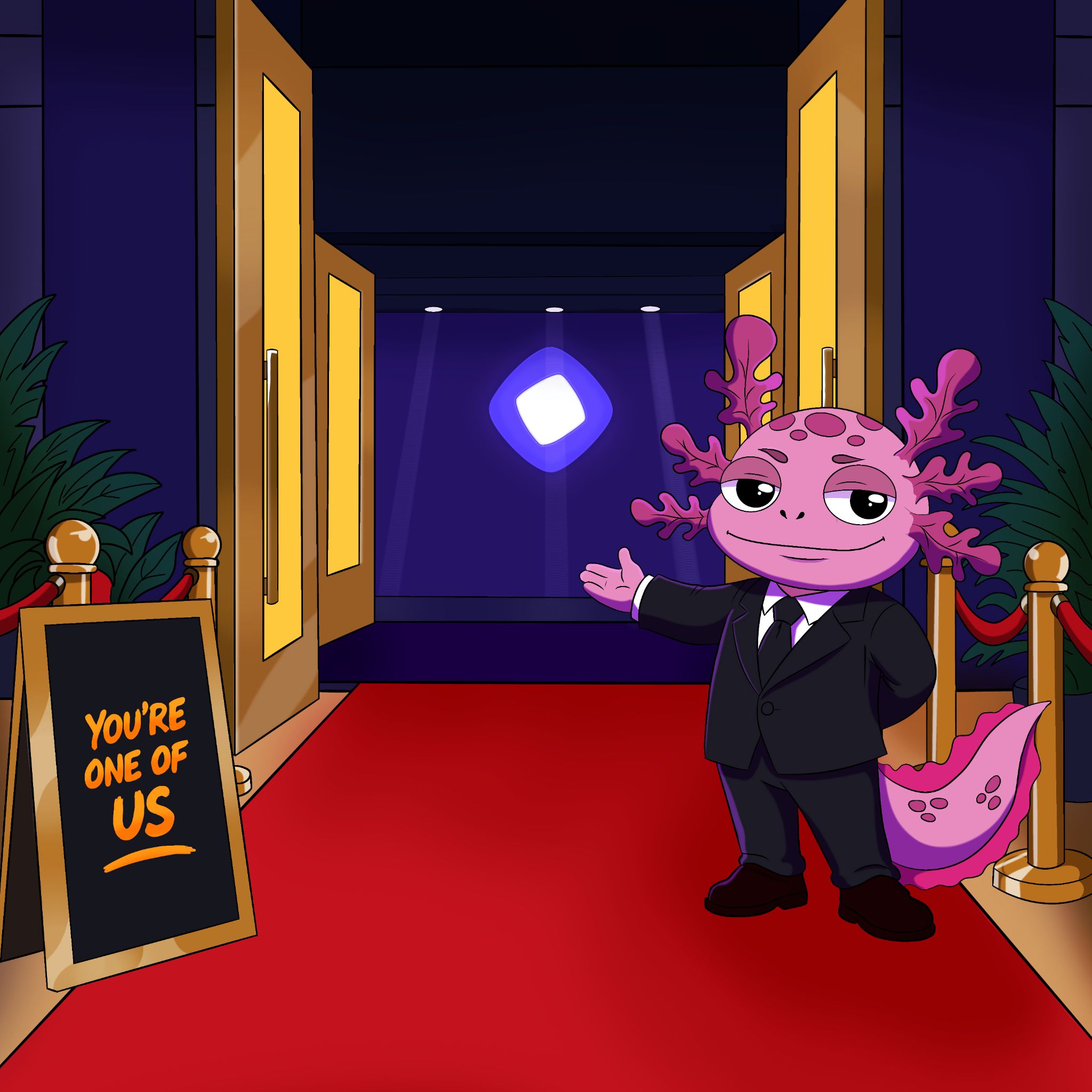 Gochi in a tuxedo welcoming holders down a red carpet