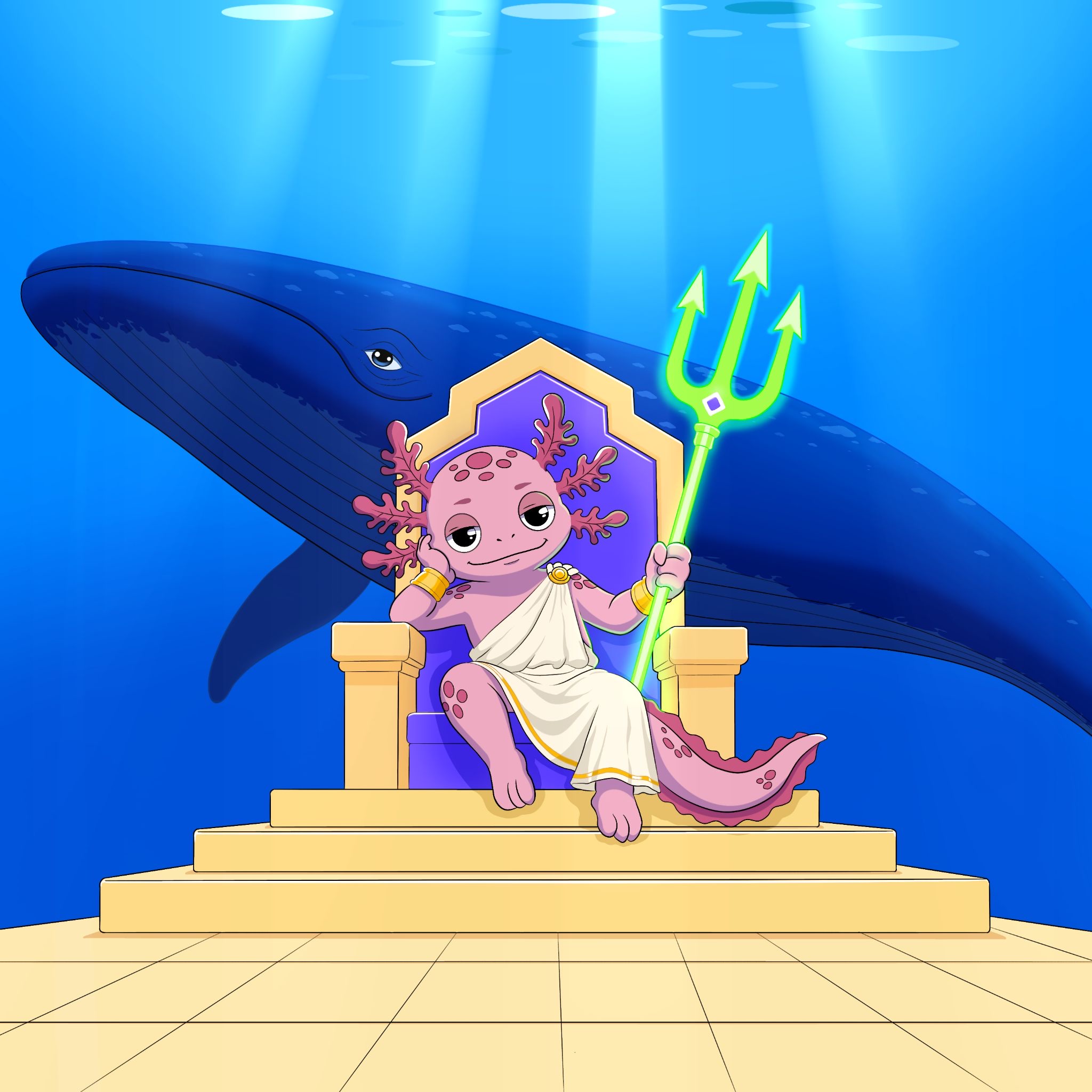 Gochi seated on a throne as king of the deep, holding a glowing green trident beside a giant whale