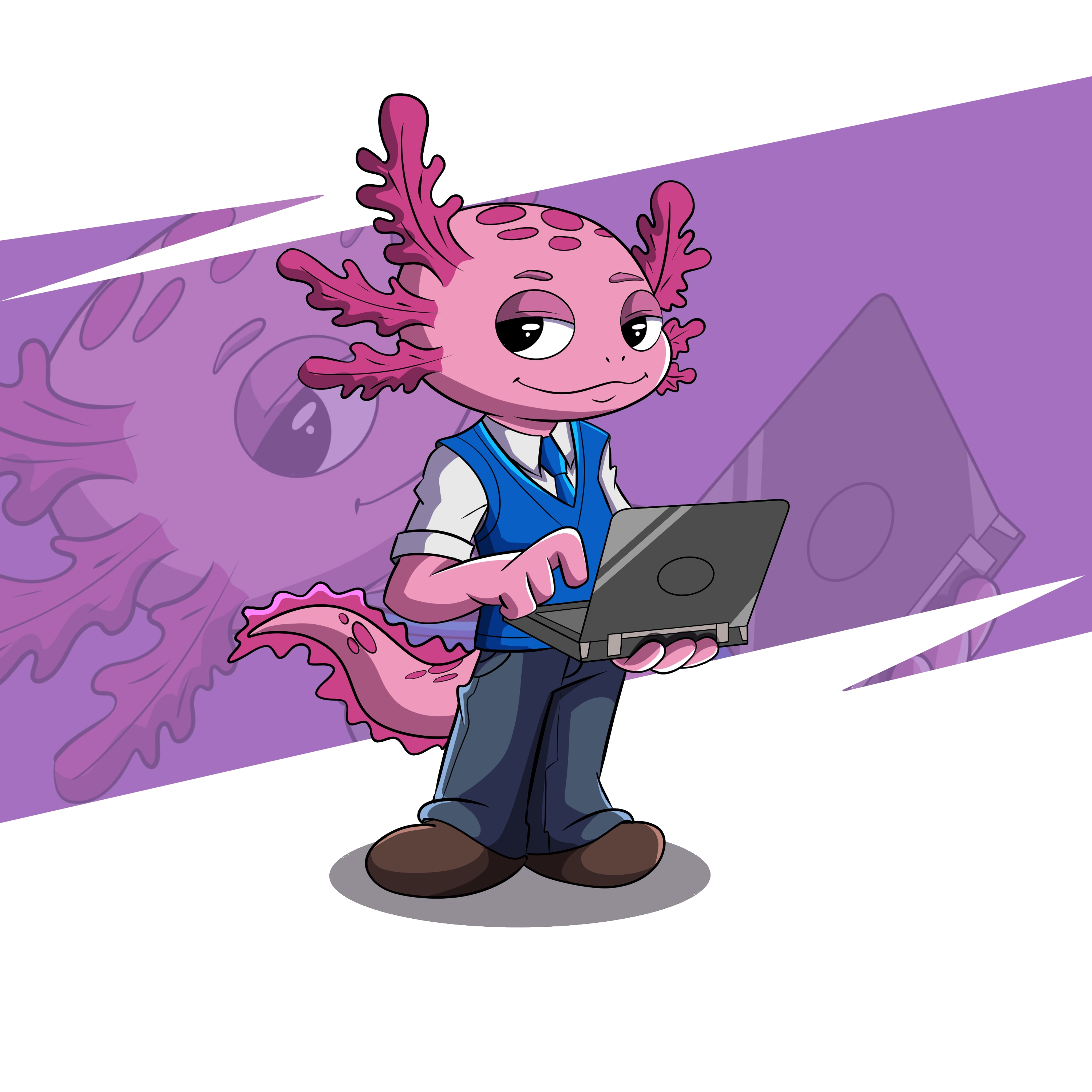 Gochi in a shirt, vest, and tie holding a laptop like a day trader